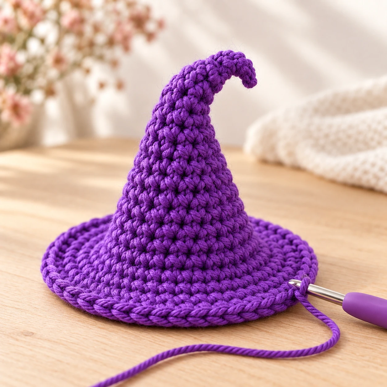 Crocheting the circular brim on a purple witch hat
