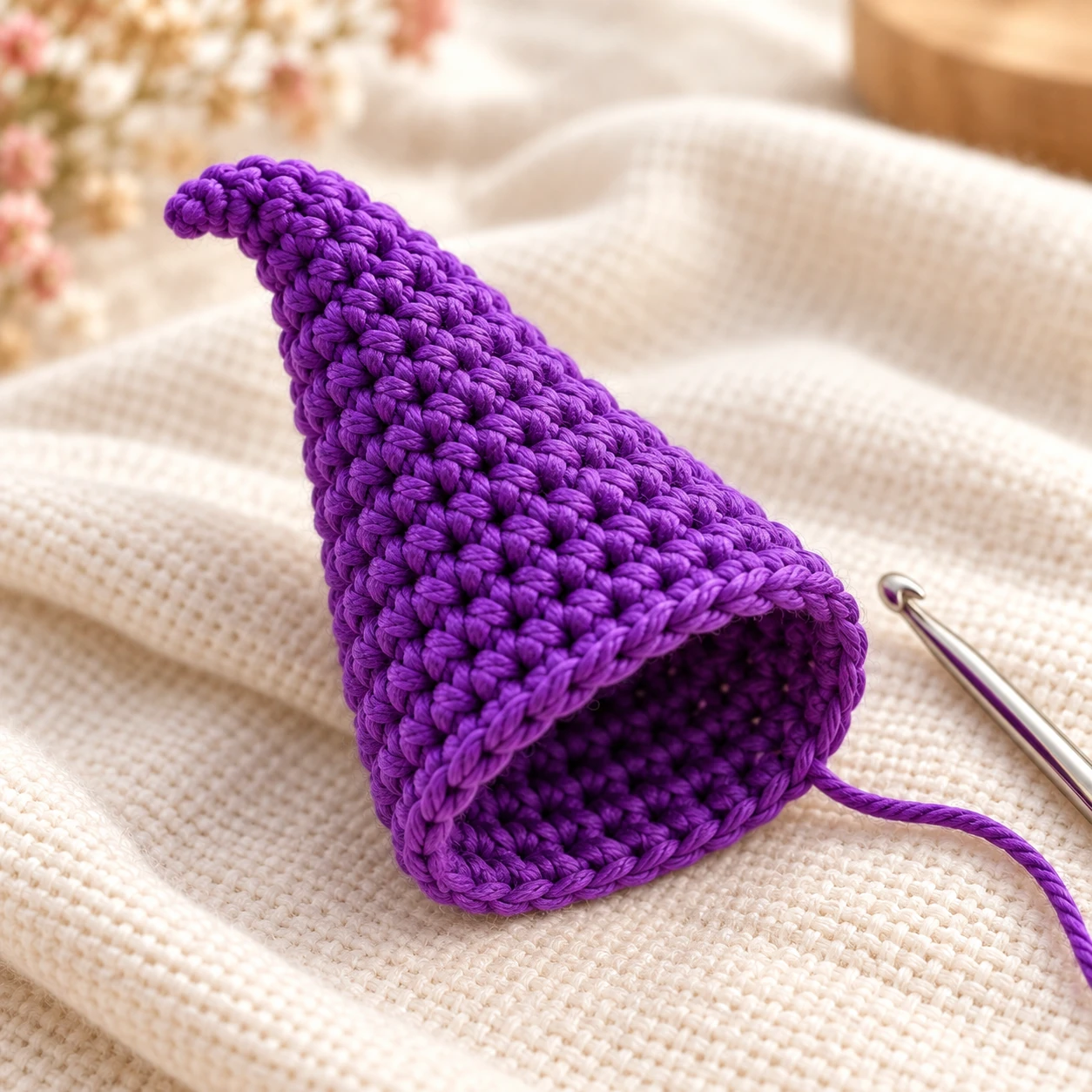 Purple crochet witch hat cone before adding the brim