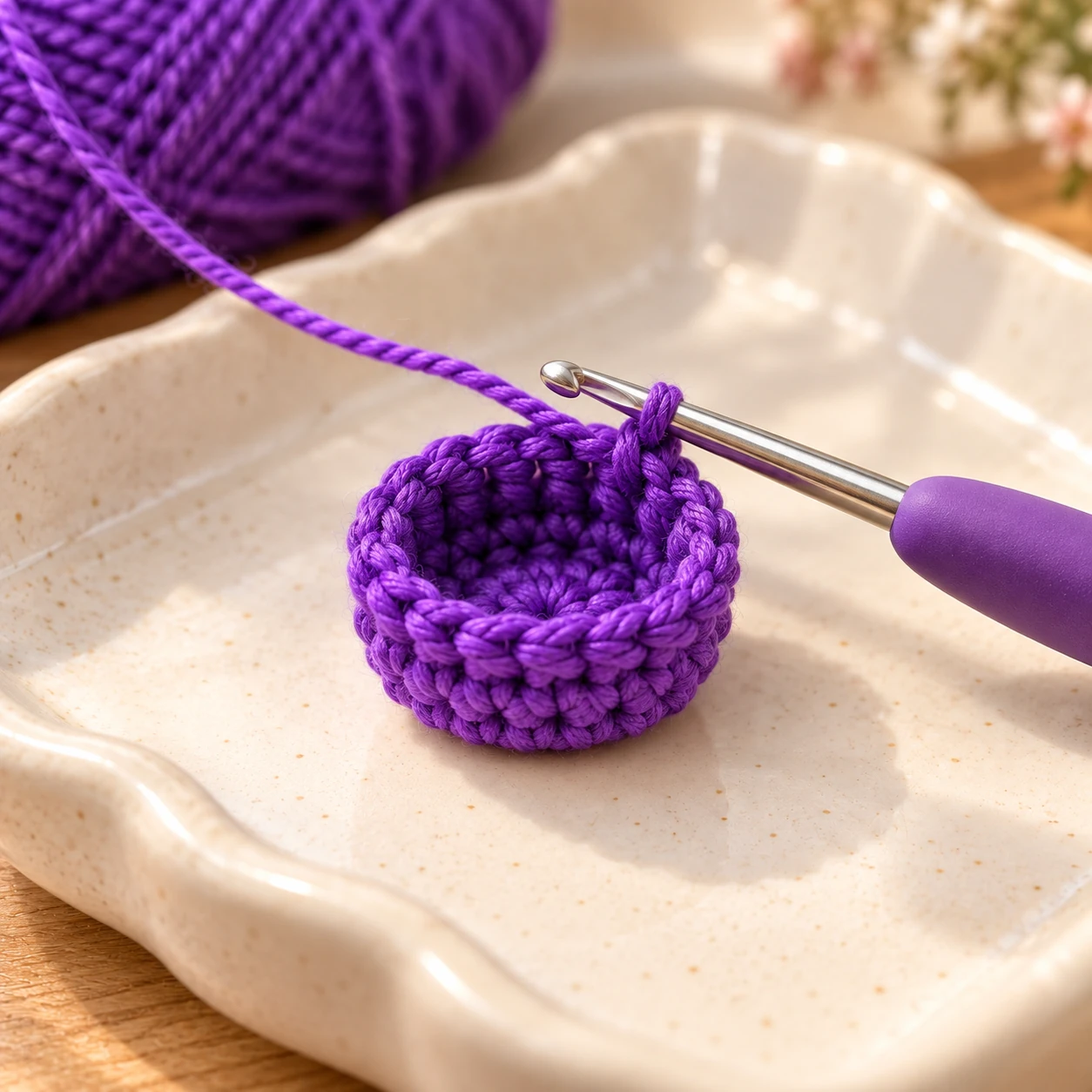 Starting the purple crochet witch hat in continuous rounds