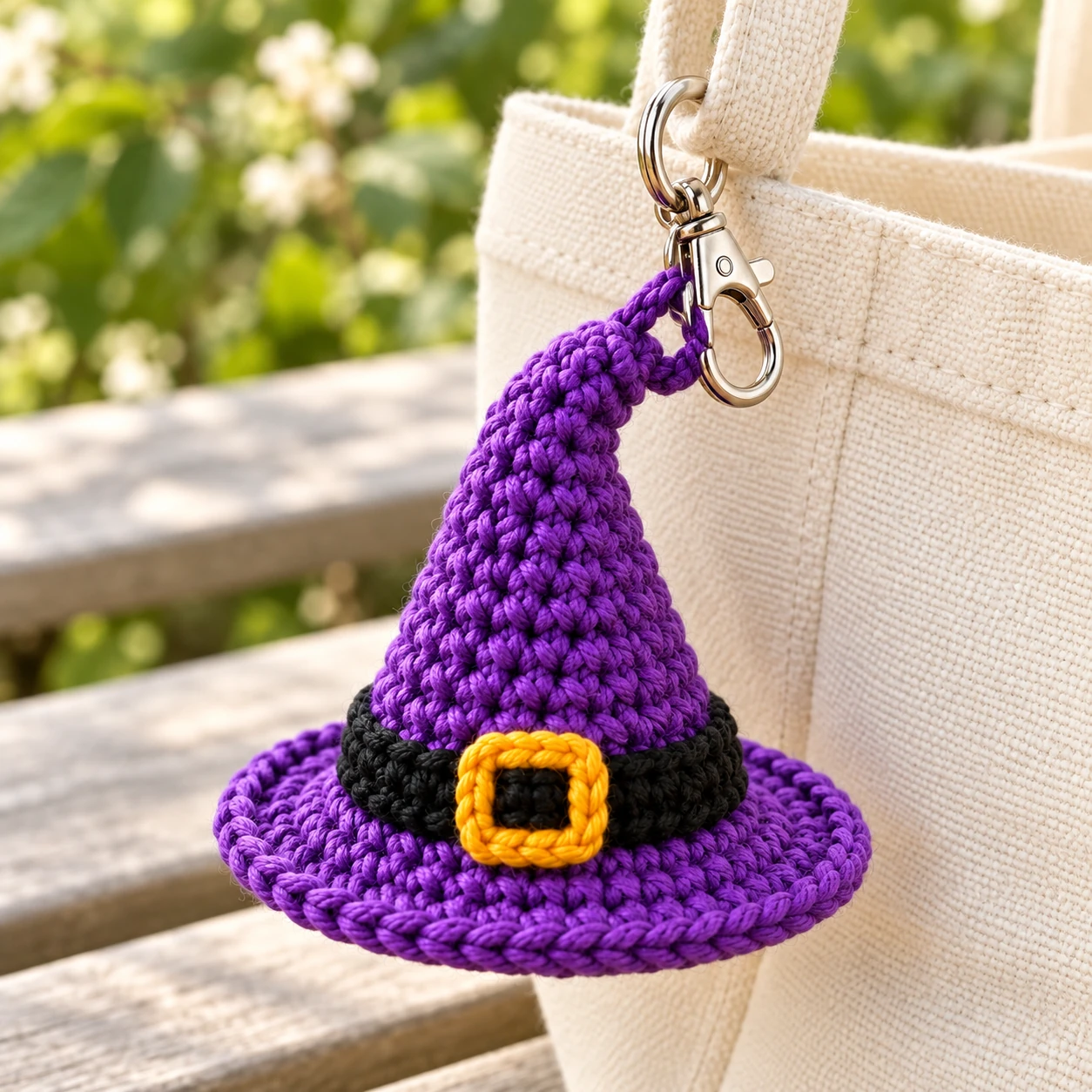 Finished purple witch hat keychain attached to a cream canvas bag