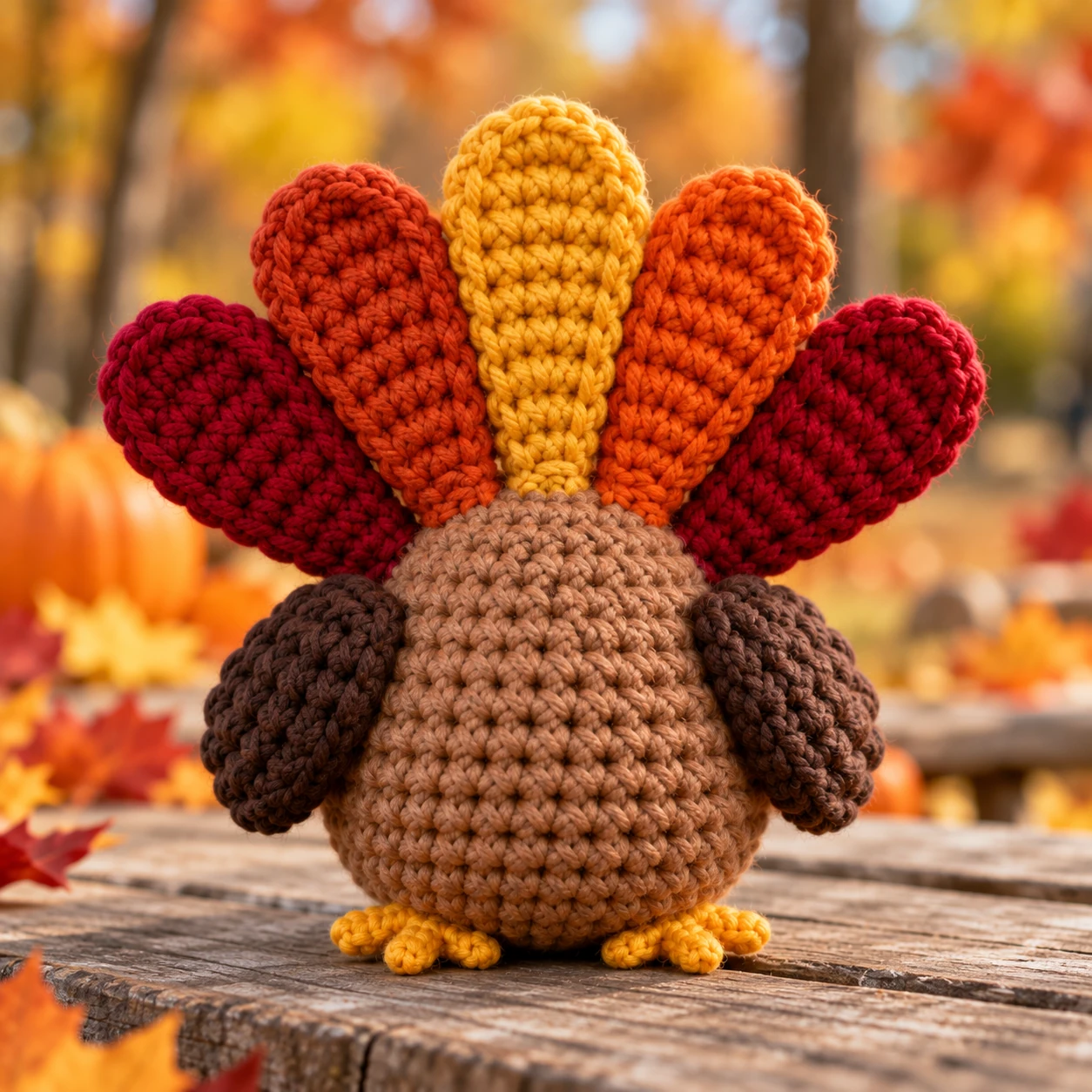 Back view of the crochet turkey showing the five-feather tail fan and attached wings
