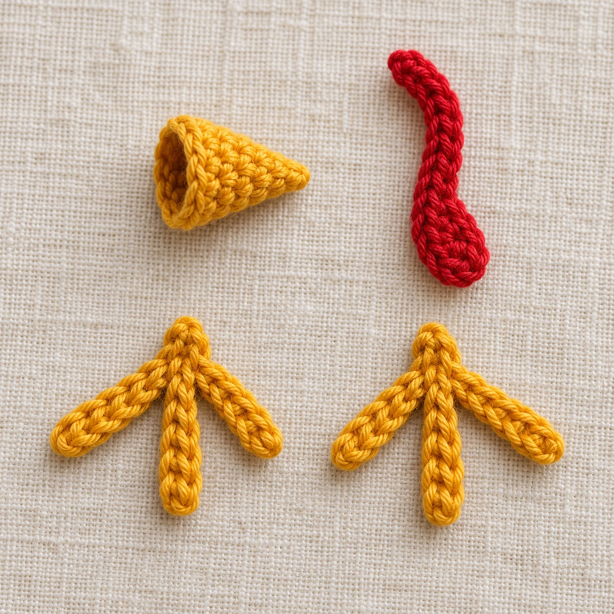 Crochet turkey beak, red wattle and two flat three-toed feet
