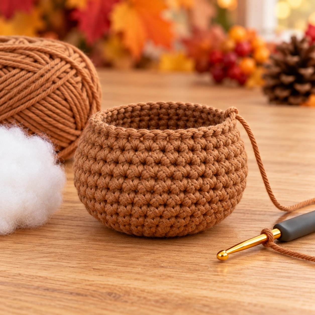 Open brown crochet turkey body before stuffing and shaping the neck