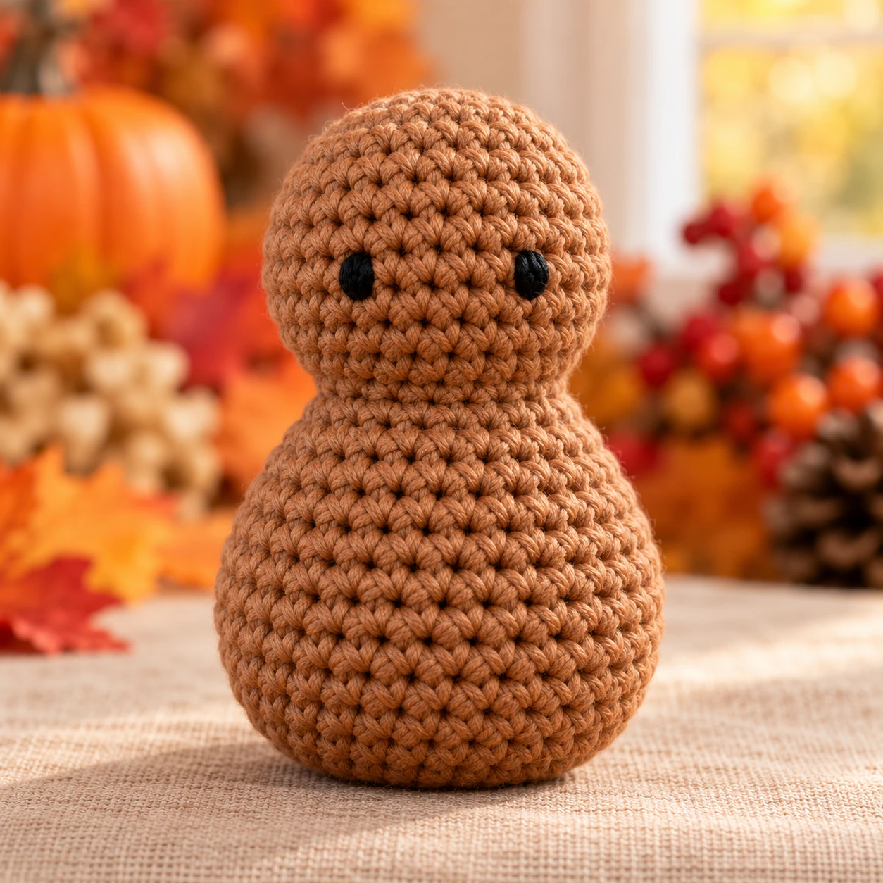 Stuffed one-piece crochet turkey head and body with embroidered eyes