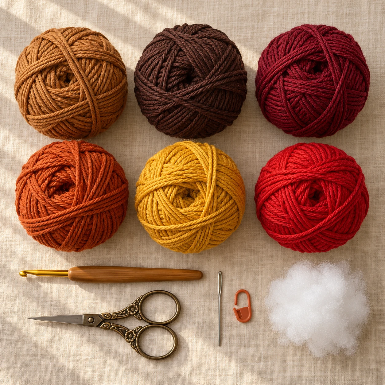 Cotton yarn, crochet hook, scissors, needle, stitch marker and stuffing for a mini crochet turkey