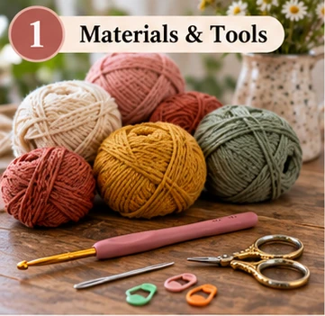 Cotton yarn and tools for a granny square tote