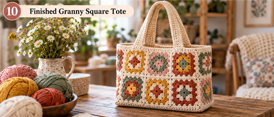Completed granny square crochet tote bag with colorful square motifs