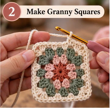 Crocheting the second round of a colorful granny square for a tote bag