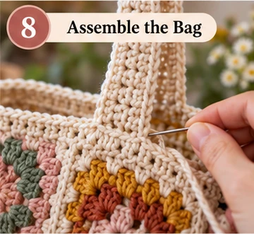 Sewing a crochet handle to a tote panel