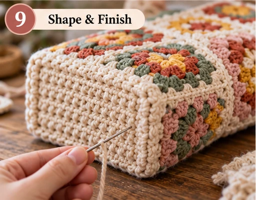 Finished crochet granny square tote showing the completed shape and handles
