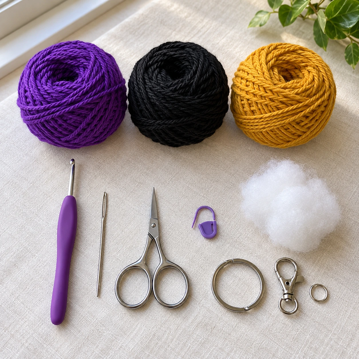 Purple black and gold yarn with tools for a crochet witch hat keychain