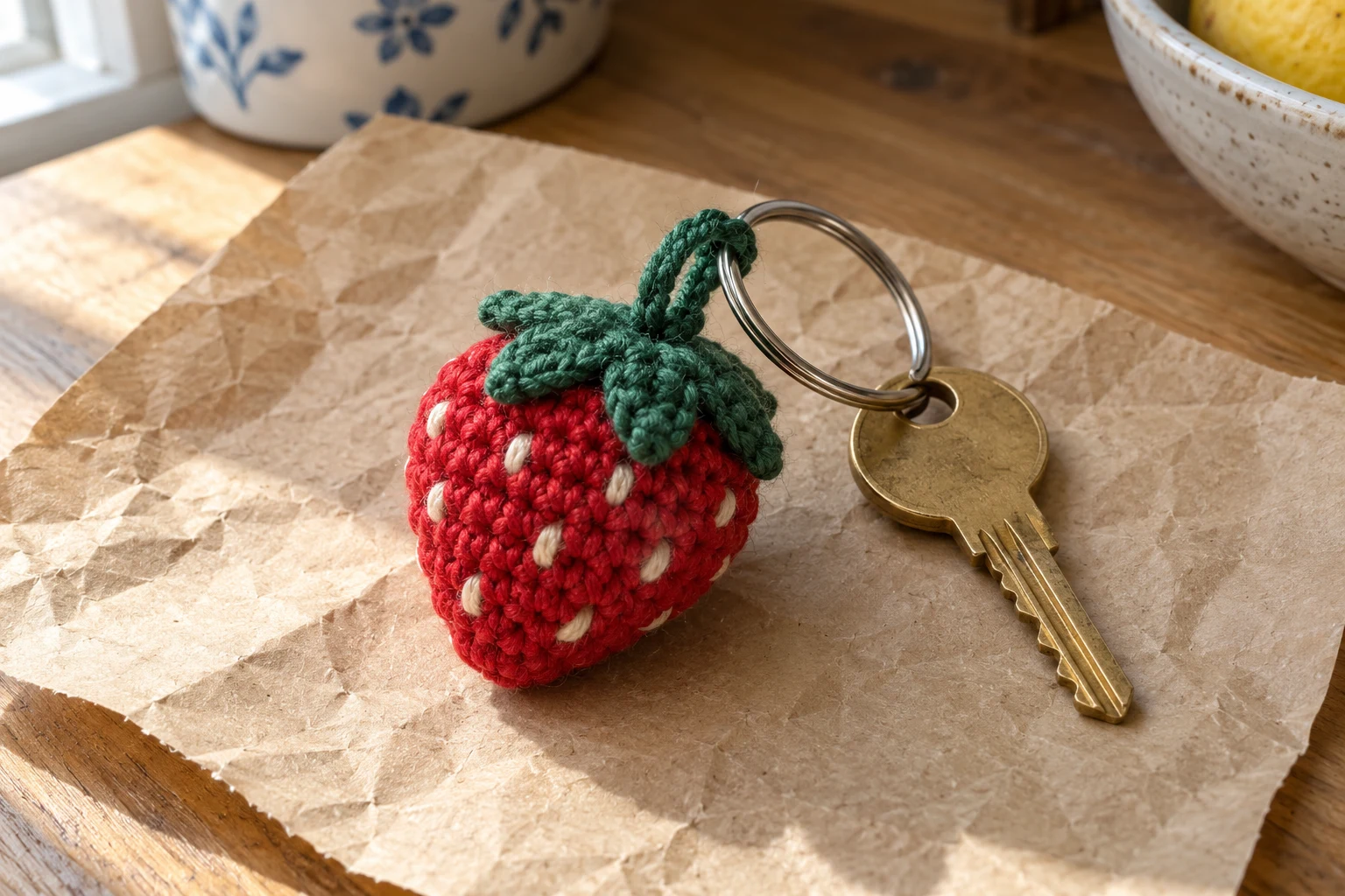 Crochet Strawberry Keychain Pattern with Embroidered Seeds